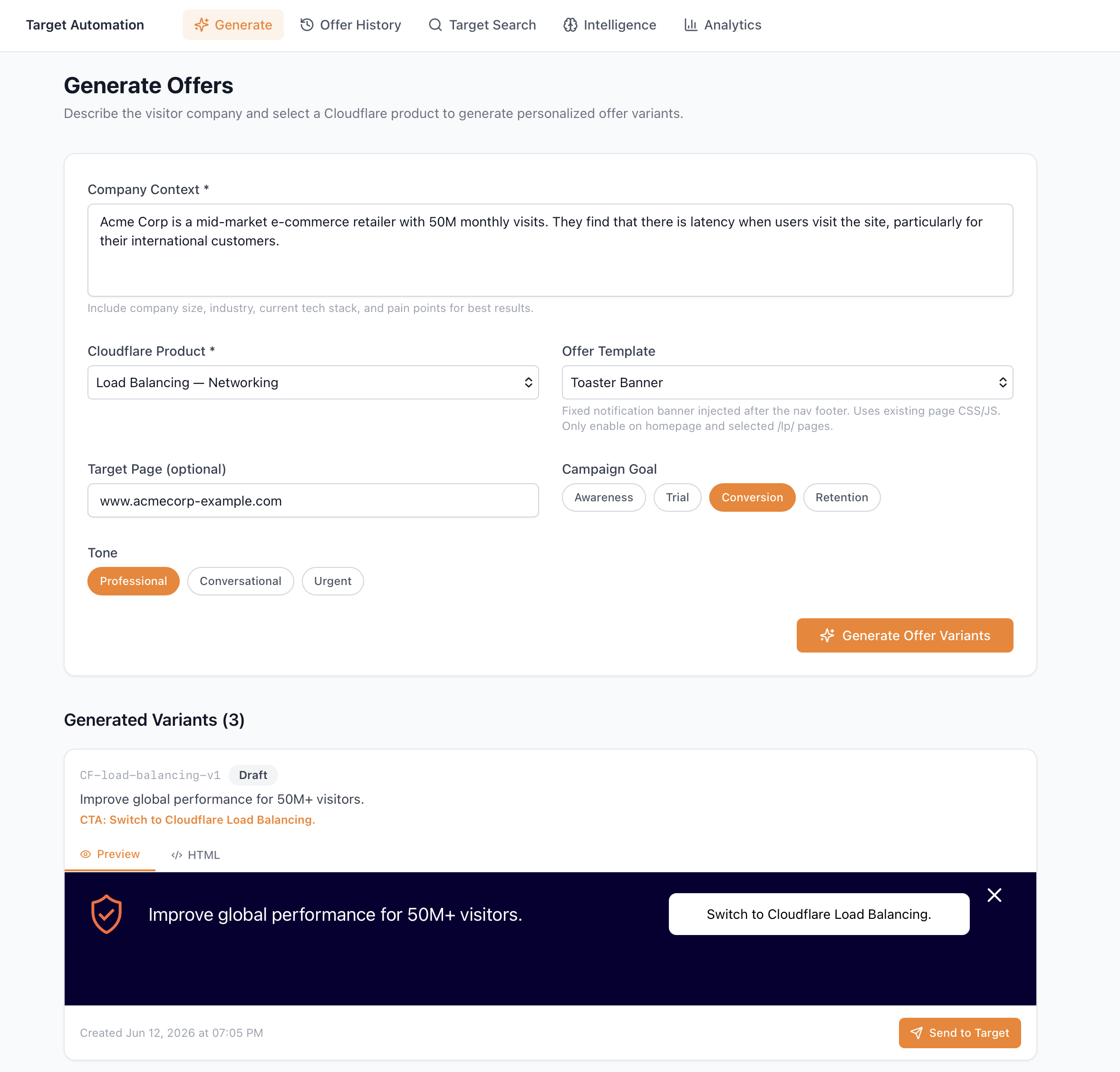 AI offer generation UI showing company context, product selection, design template, campaign goal, and tone controls — generating a personalized Toaster Banner variant for Acme Corp