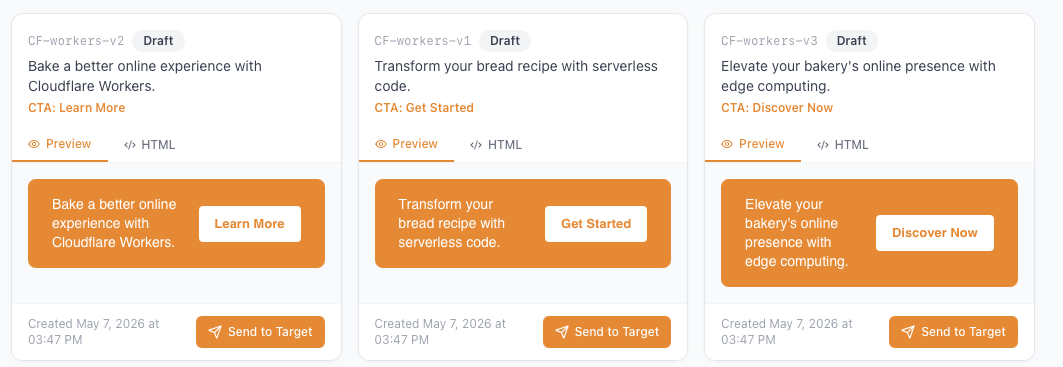 Offer repository showing three generated Cloudflare Workers variants side by side, each with a preview and a Send to Target button for direct push to Adobe Target